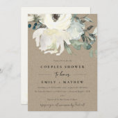 クラフトアイボリーホワイトフローラウォーターカラーカップルシャワー 招待状 (正面/裏面)