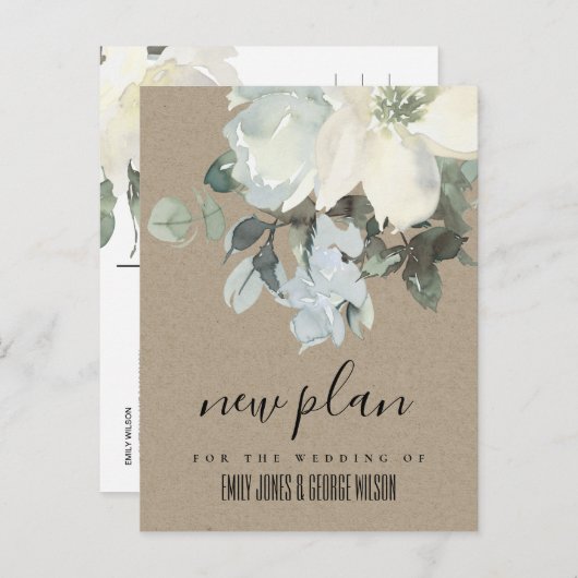 クラフトアイボリーホワイトフローラバ結婚ッチズの新しい計画 案内ポストカード (正面/裏面)