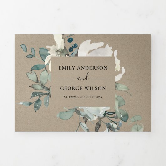 クラフトアイボリーホワイトフローラ水カラーバンチ結婚ーズ 三つ折り招待状 (カバー)