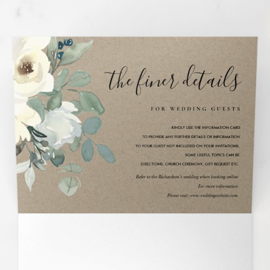 クラフトアイボリーホワイトフローラ水カラーバンチ結婚ーズ 三つ折り招待状 (内部最初)