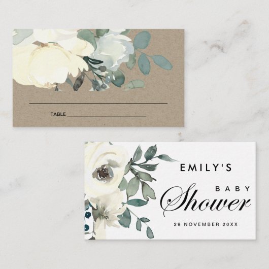 クラフトアイボリー白フローラベビーシャワー座席表 名刺 (正面/裏面)