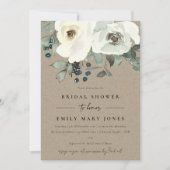クラフトアイボリー白色フローラ水彩ブライダルシャワー 招待状 (正面)