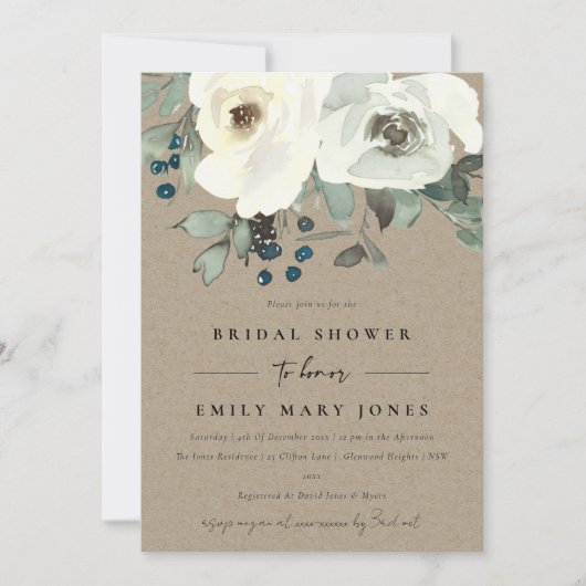クラフトアイボリー白色フローラ水彩ブライダルシャワー 招待状 (正面)