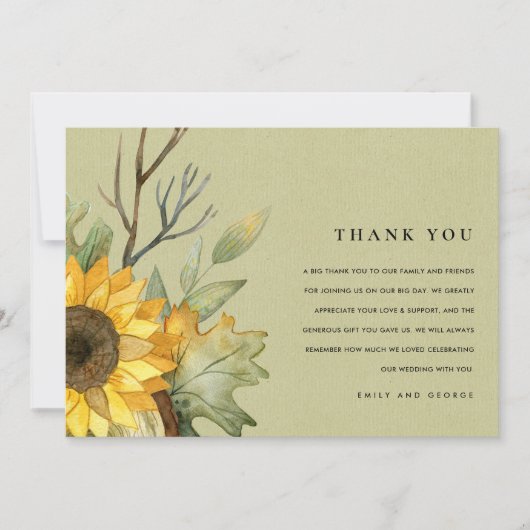 クラフトイエローヒマフラワー水彩フローラ結婚ズ サンキューカード (正面)