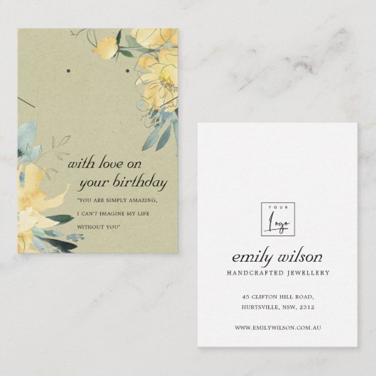 クラフトイエローフローラ誕生日ネックレスイヤリングカード プレイスカード (正面/裏面)
