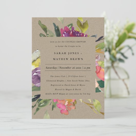 クラフトイエロー赤面ブルゴーニュフローラカップルのシャワー 招待状 (スタンド正面)