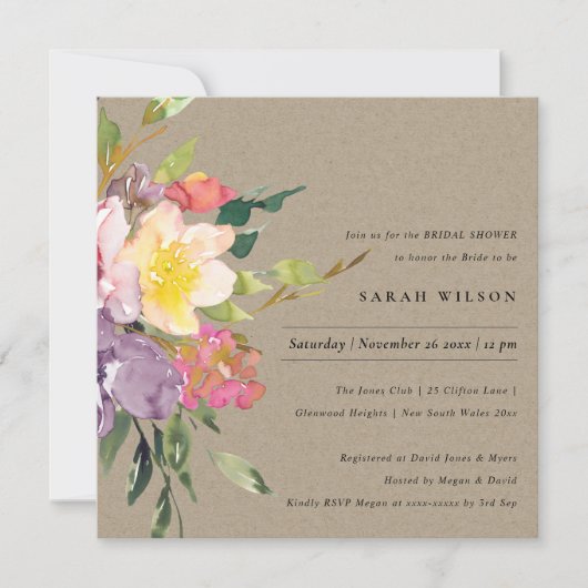 クラフトイエロー赤面ブルゴーニュフローラブライダルシャワー 招待状 (正面)