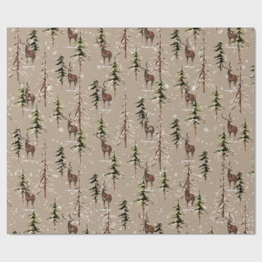クラフトウィンターウッドランドスクランブルトウヒの木と牡鹿 ラッピングペーパー (フラット)