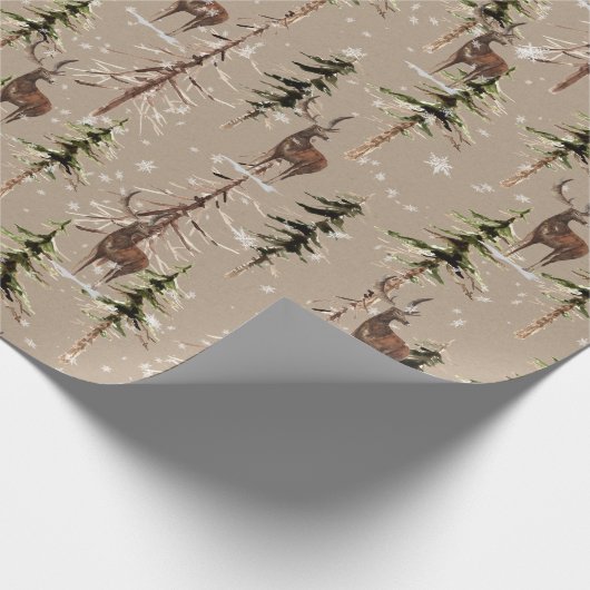 クラフトウィンターウッドランドスクランブルトウヒの木と牡鹿 ラッピングペーパー (角)