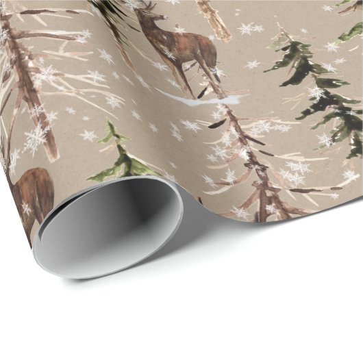 クラフトウィンターウッドランドスクランブルトウヒの木と牡鹿 ラッピングペーパー (ロールコーナー)