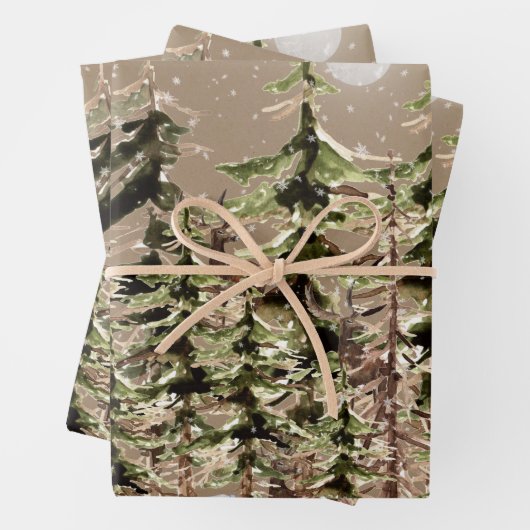 クラフトウィンターウッドランドフォレストシーンスタッグ&ウルフ ラッピングペーパーシート (インサイチュ)