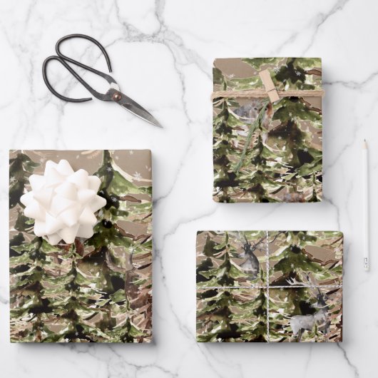 クラフトウィンターウッドランドフォレストシーンスタッグ&ウルフ ラッピングペーパーシート (正面)