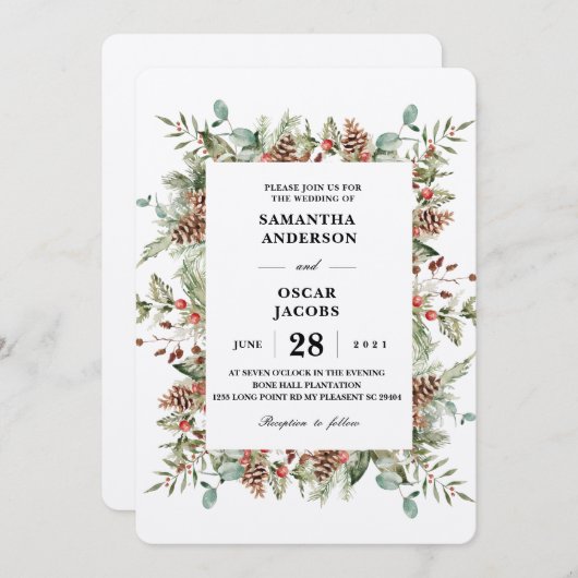 クラフトウィンターグリーンパインコーンフレーム 招待状 (正面/裏面)