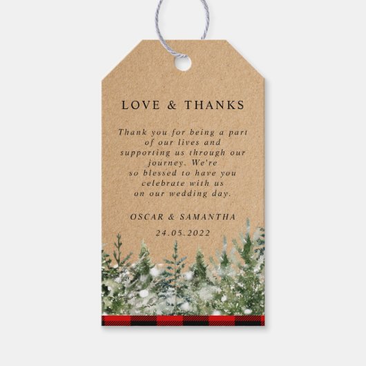 クラフトウォーターカラーパインツリーズ&レッドバッファロープレイド ギフトタグ (正面)