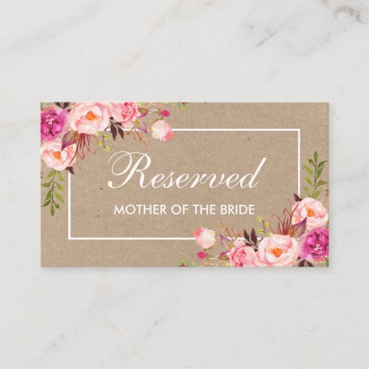 クラフトウォーターカラーピンク結婚フローラの予約名 プレイスカード (正面)