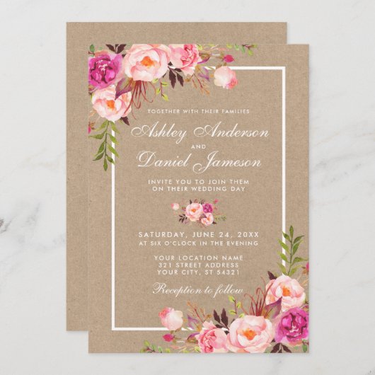 クラフトウォーターカラーピンク赤面フローラ結婚式の招待 (正面/裏面)