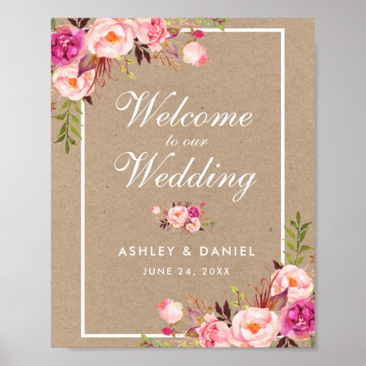 クラフトウォーターカラーフローラピンク赤面結婚ズウェルカム ポスター (正面)