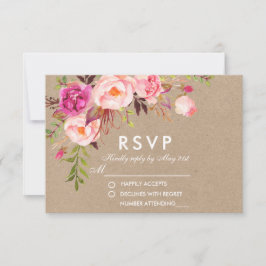 クラフトウォーターカラーフローラピンクRSVP 結婚's 出欠カード
