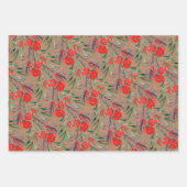 クラフトウォーターカラーベリー – 緑葉色と金ゴールド ラッピングペーパーシート (正面3)