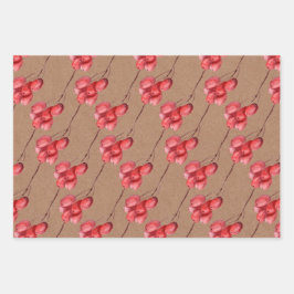 クラフトウォーターカラーベリー – 緑葉色と金ゴールド ラッピングペーパーシート