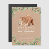 クラフトウッドランド緑の森の動物の赤ちゃんシャワー マグネット招待状 (正面/裏面)