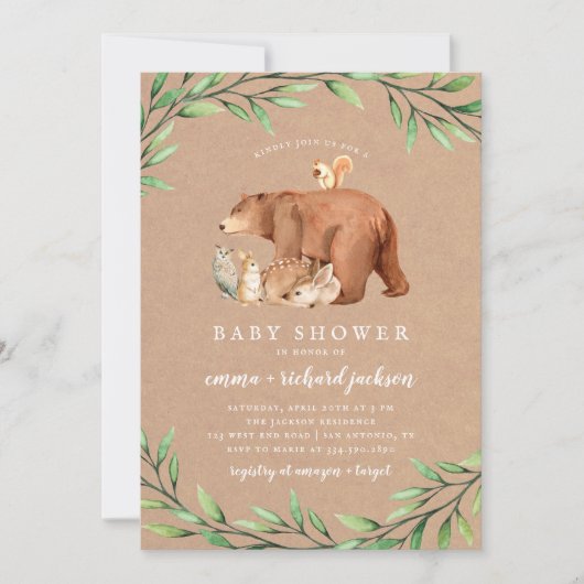 クラフトウッドランド緑の森の動物の赤ちゃんシャワー 招待状 (正面)