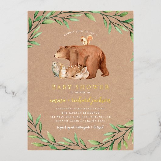 クラフトウッドランド緑の森の動物の赤ちゃんシャワー 箔招待状ポストカード