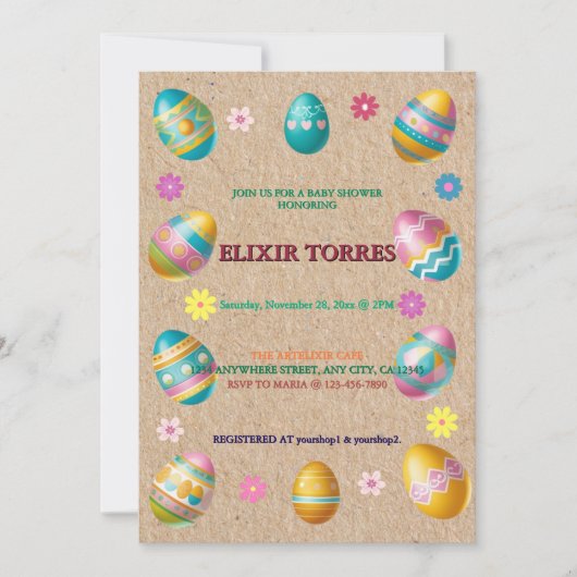 クラフトカラフルフローライースターエッグ赤ちゃんシャワー 招待状 (正面)