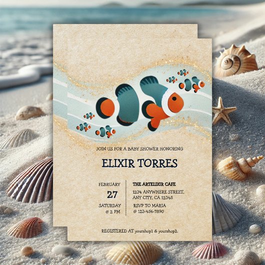 クラフトグリッターピエロフィッシュネモベビーシャワー 招待状