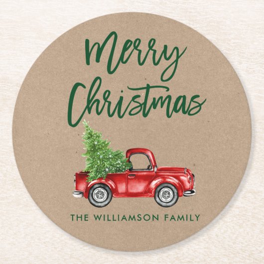 クラフトグリーンブラシスクリプトヴィンテージトラッククリスマス ラウンドペーパーコースター (正面)