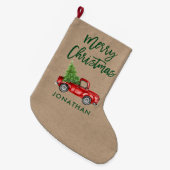 クラフトグリーンブラシスクリプトヴィンテージレッドトラックツリー ラージクリスマスストッキング (正面 (吊り時))