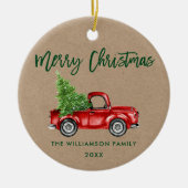 クラフトグリーンブラシスクリプトヴィンテージレッドトラック セラミックオーナメント (正面)