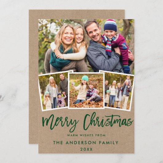 クラフトグリーンブラシスクリプト4フォトクリスマス シーズンカード (正面/裏面)