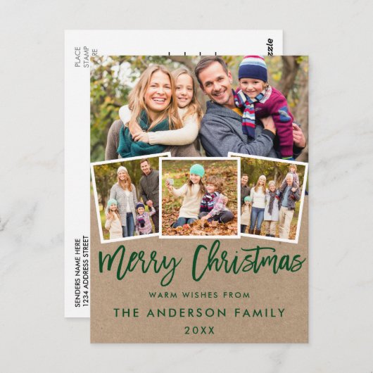 クラフトグリーンブラシ台本メリークリスマス4枚写真 ポストカード (正面/裏面)