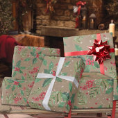 クラフトグリーン素朴ホリーベリー&スプルースの枝 ラッピングペーパー