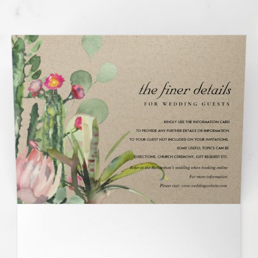 クラフトグレイフローラサボテンの葉水の色結婚の数 三つ折り招待状 (内部最初)