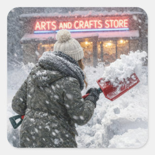 クラフトストアへの道を除雪する女性 スクエアシール