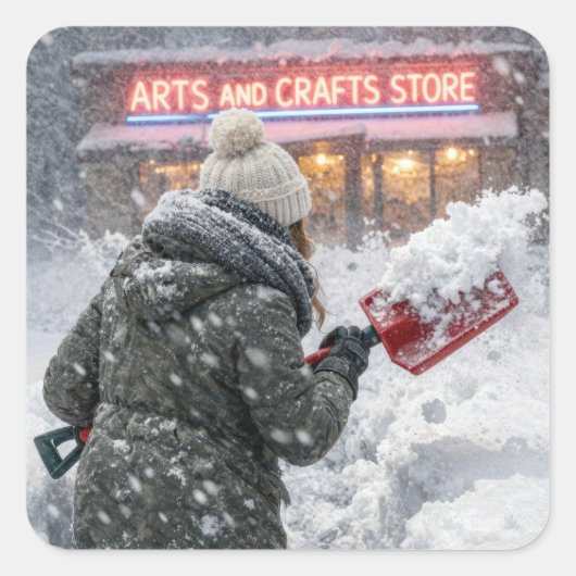 クラフトストアへの道を除雪する女性 スクエアシール (正面)