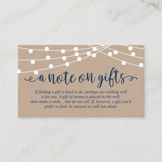 クラフトストリングライト、ネイビーブルー、ギフトに関するメモ エンクロージャーカード (正面)