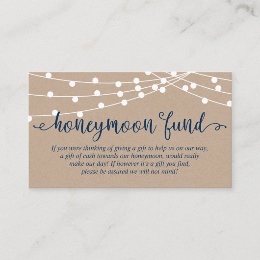 クラフトストリングライト、ネイビーブルー、ハネムーン基金 エンクロージャーカード (正面)