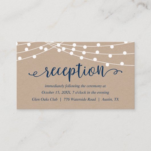 クラフトストリングライト、ネービーブルー、結婚披露宴 エンクロージャーカード (正面)