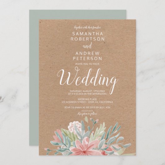 クラフトダスティピンクグリーンフローラ水結婚色 招待状 (正面/裏面)