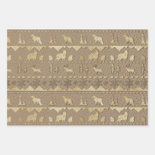 クラフトノルディックセーター冬の動物飼育金ゴールド ラッピングペーパーシート (正面)