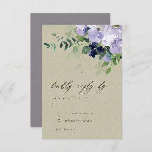 クラフトバイオレットパープルフローラリーフィウェディングRSVP エンクロージャーカード (正面/裏面)