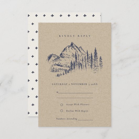 クラフトパインウッズマウンテンスケッチ結婚式RSVP エンクロージャーカード (正面/裏面)