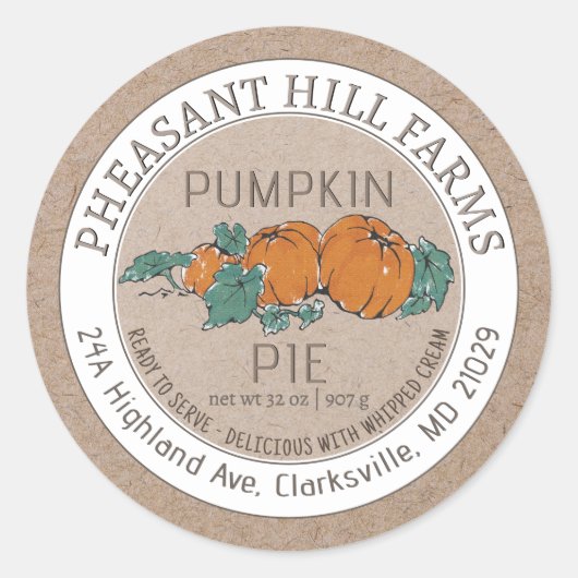 クラフトパンプキンパイパンプキンオンつる植物イラストレーション ラウンドシール (正面)