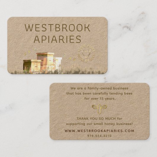 クラフトビーハイブアピアラベルと金ゴールドハートとミツバチ 名刺 (正面/裏面)