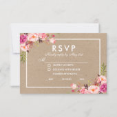 クラフトピンクウォーターカラーフローラRSVP結婚's Meal 出欠カード (正面)