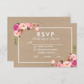 クラフトピンクウォーターカラーフローラRSVP結婚's Meal 出欠カード (正面/裏面)