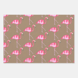 クラフトピンク素朴フラミンゴ&ピンクハイビスカス ラッピングペーパーシート